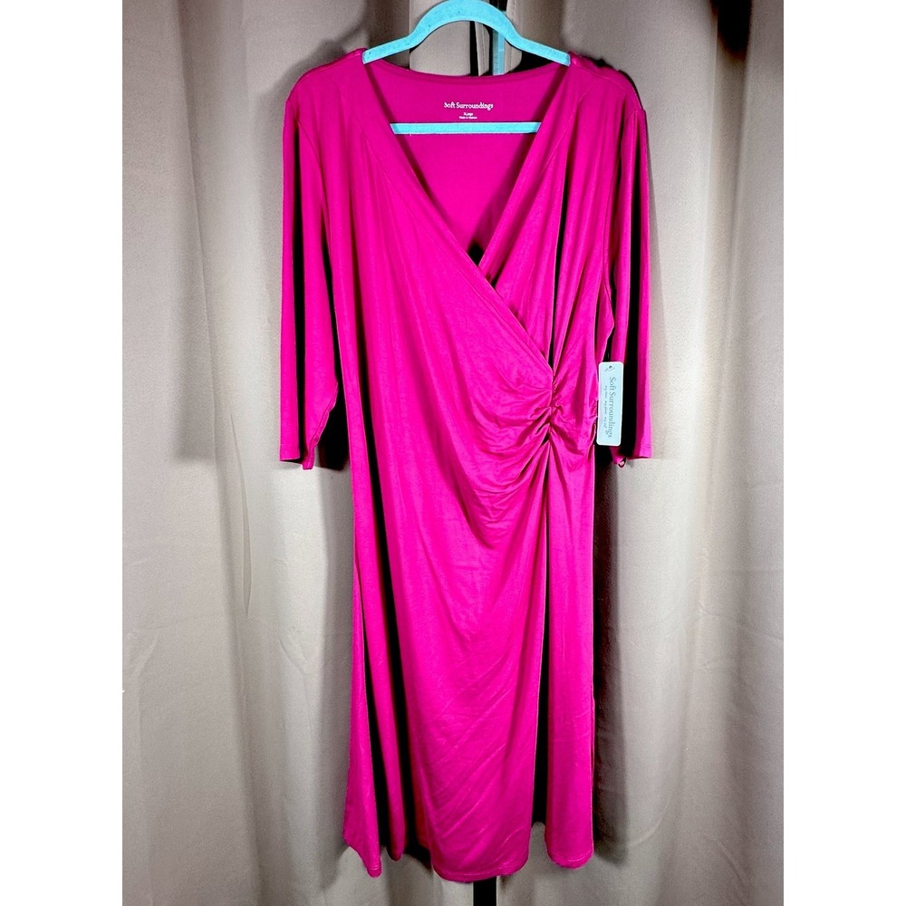 Soft Surroundings Maxi Dress Women XL Pink Faux Wrap Ruched Long Sleeve Slimming